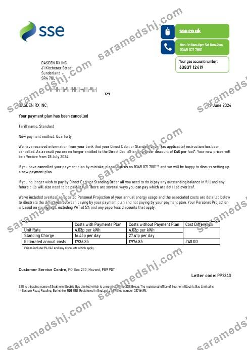 United Kingdom SSE Energy business utility bill template in Word and PDF formats, version 1
